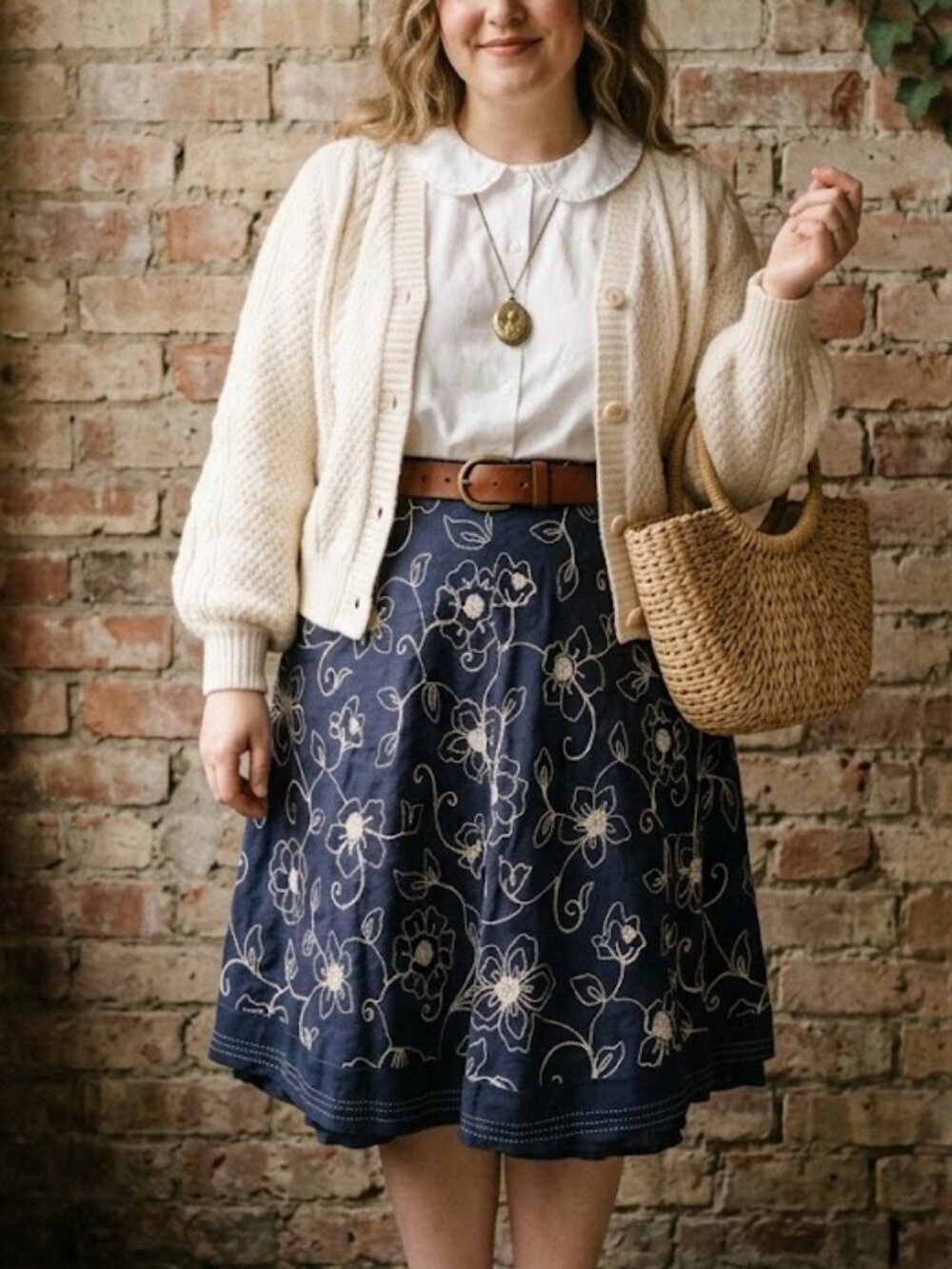 Carole Little Vintage Navy Floral Embroidered A-Line Skirt 14 Cottagecore